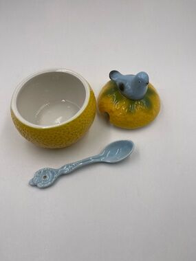Anthropologie Yellow Ceramic Bird-Top Sugar Jar with Light Blue Spoon